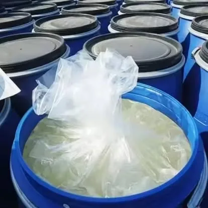 An open 170 kg drum of SLES, lined and ready to be weighed out
