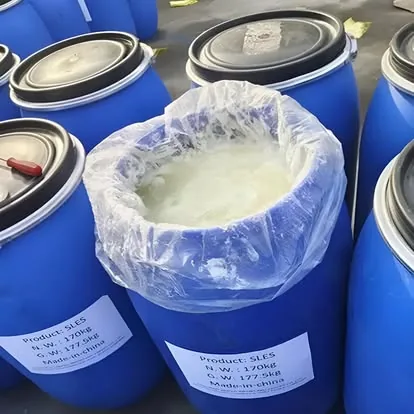Labelled 170 kg drums of SLES in the store