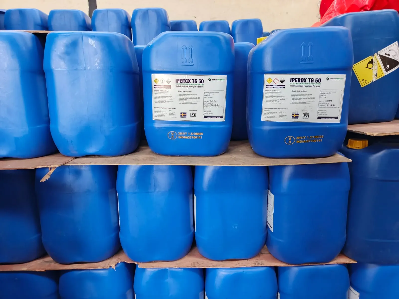 Pallets of 30 litre jerricans of technical grade hydrogen peroxide